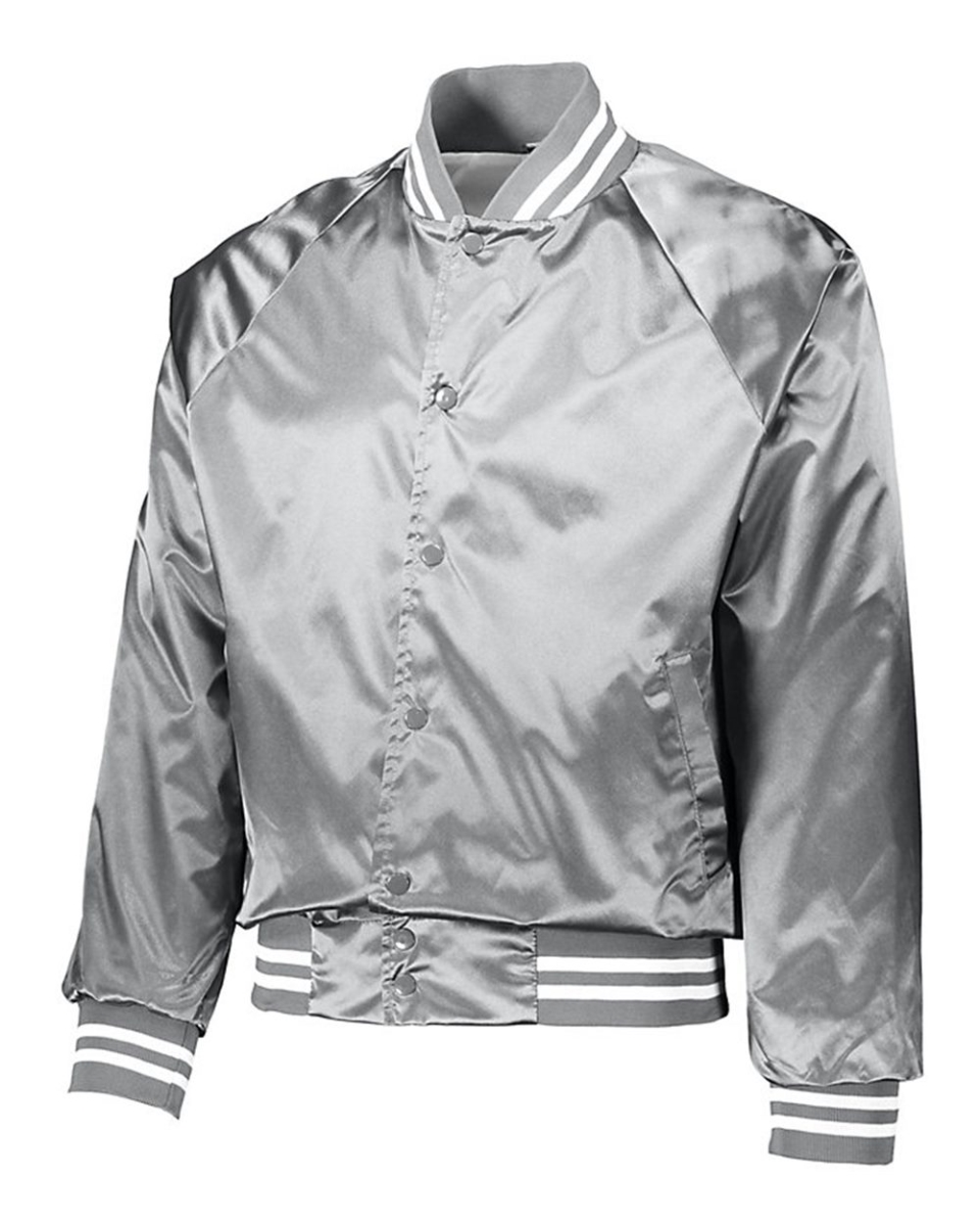 Picture of Augusta Sportswear B37034355 Satin Baseball Jacket Striped Trim&#44; Metallic Silver & White - Large