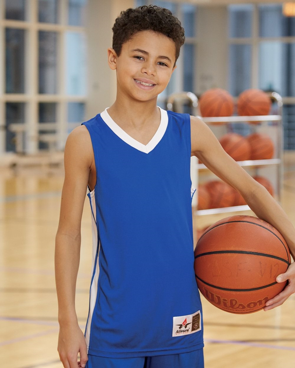 Picture of Alleson Athletic B03285505 Youth Single Ply Basketball Jersey&#44; Black & White - Large