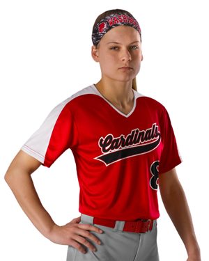 B36685004 Girls V-Neck Fastpitch Jersey, White & Black - Medium