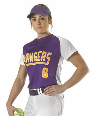 B32785133 Girls Two Button Fastpitch Jersey, Gold & White - Small