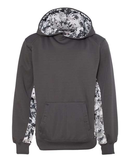 B64185135 Youth Digital Camo Colorblock Performance Fleece Hooded Sweatshirt, Graphite & White - Large -  Badger