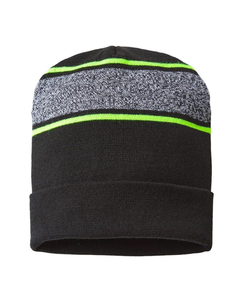 Picture of Cap America B91995500 USA-Made Variegated Striped Cuffed Beanie&#44; Black & Neon Blaze - One Size