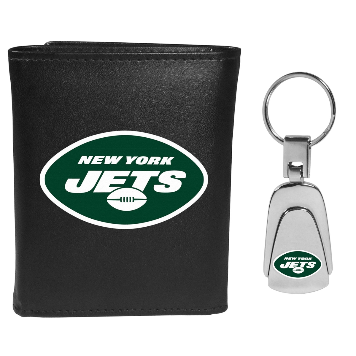 Siskiyou FLTR100KP Male NFL New York Jets Leather Tri-fold Wallet & Steel Key Chain