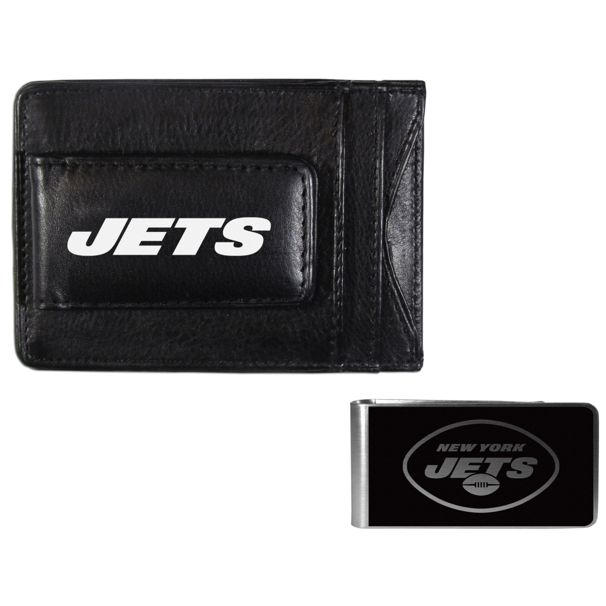 Siskiyou FCCP100BKM Unisex NFL New York Jets Leather Cash & Cardholder & Black Money Clip - One Size