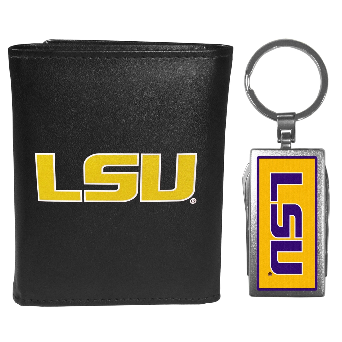 Siskiyou CLTR43MTC Male NCAA LSU Tigers Leather Tri-fold Wallet & Multi-tool Key Chain, Black