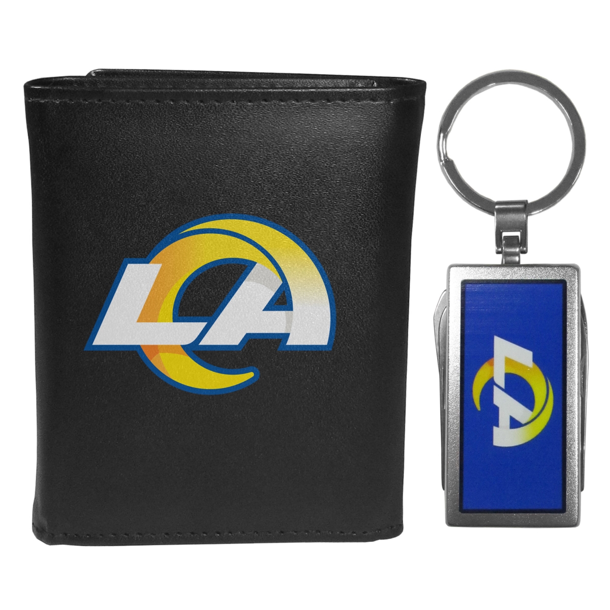 Siskiyou FLTR130MTC Male NFL Los Angeles Rams Leather Tri-fold Wallet & Multi-tool Key Chain, Black