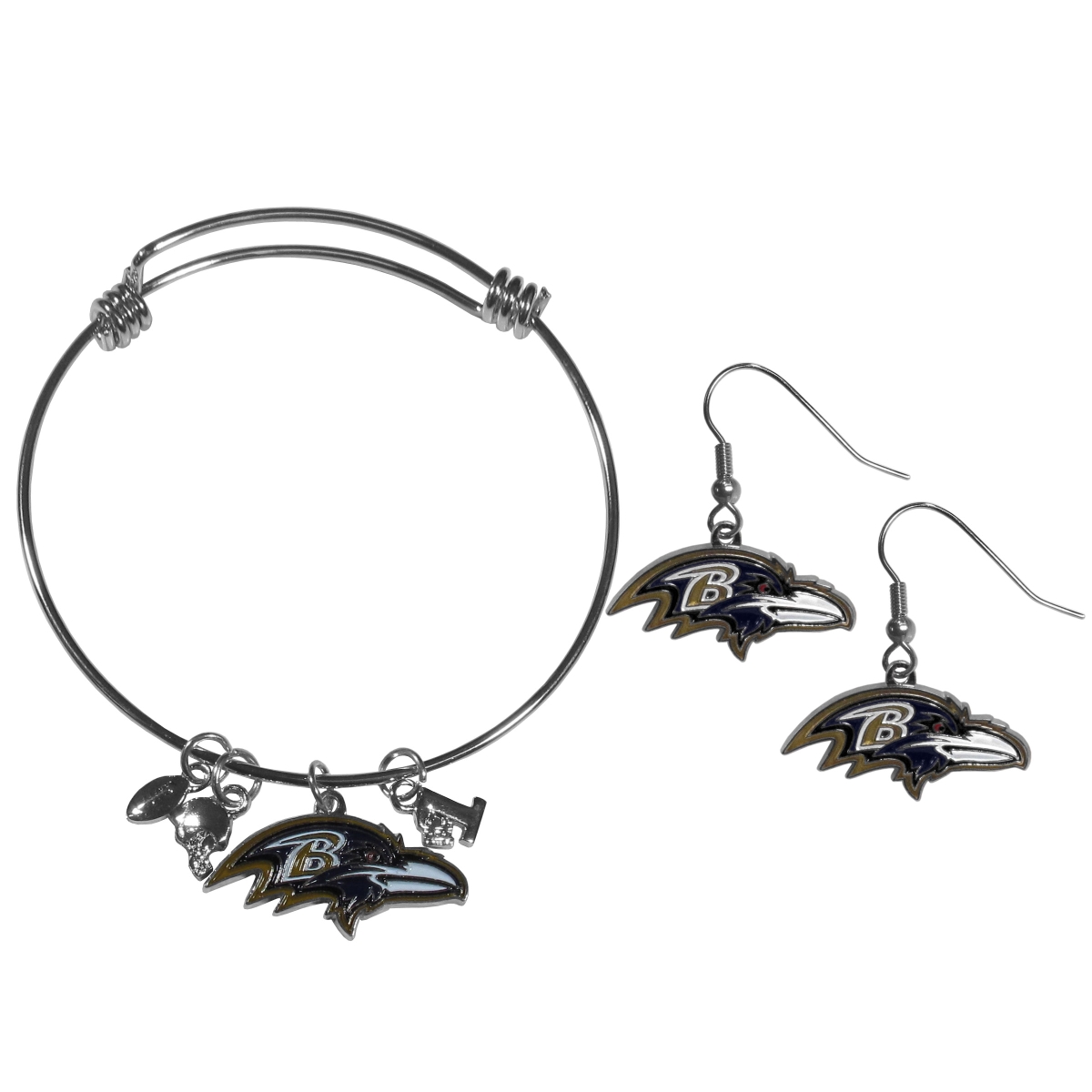 Siskiyou FDEN180CBB Female NFL Baltimore Ravens Dangle Earrings & Charm Bangle Bracelet Set - Set of 2