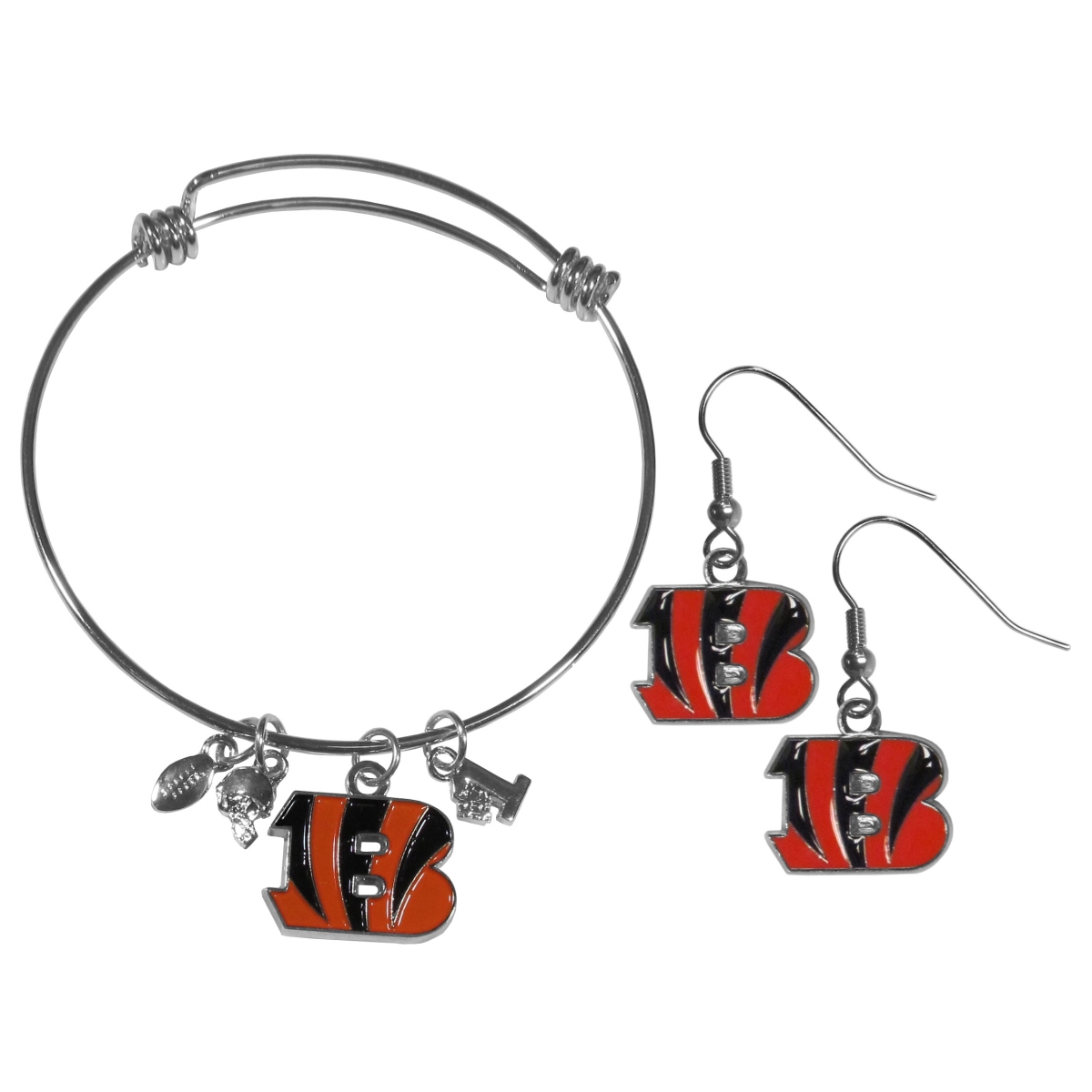 Siskiyou FDEN010CBB Female NFL Cincinnati Bengals Dangle Earrings & Charm Bangle Bracelet Set - Set of 2