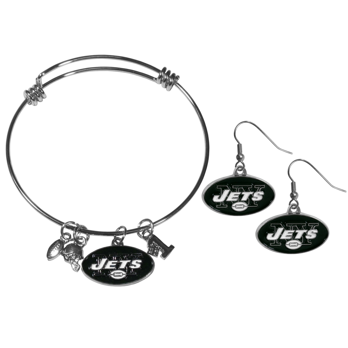 Siskiyou FDEN100CBB Female NFL New York Jets Dangle Earrings & Charm Bangle Bracelet Set - Set of 2