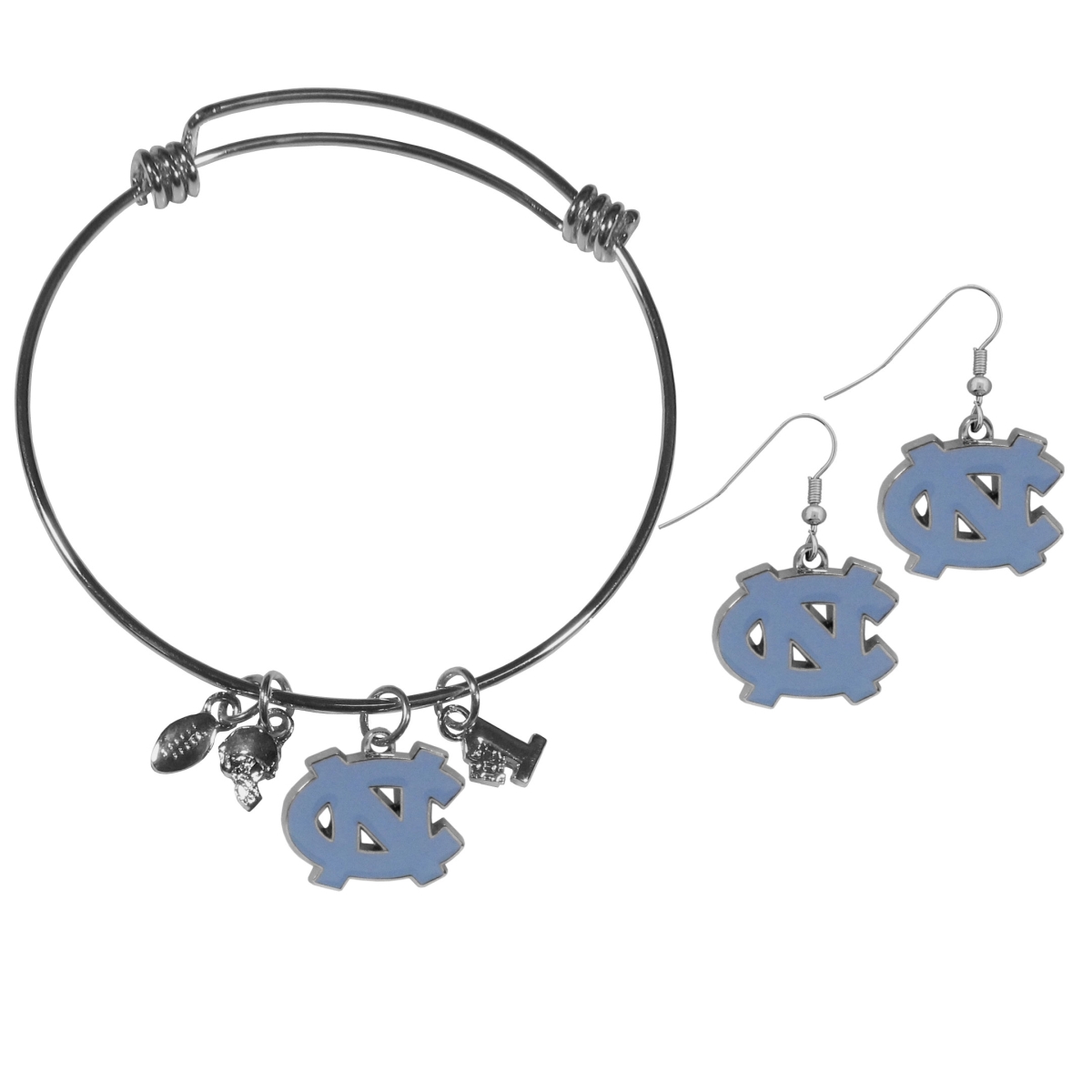 Siskiyou CDEN9CBB Female NCAA North Carolina Tar Heels Dangle Earrings & Charm Bangle Bracelet Set - Set of 2