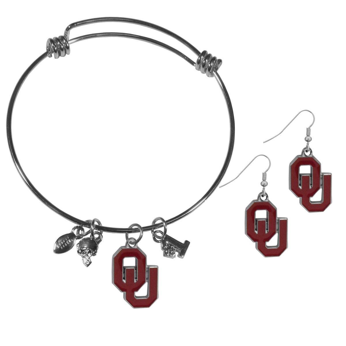 Siskiyou CDEN48CBB Female NCAA Oklahoma Sooners Dangle Earrings & Charm Bangle Bracelet Set - Set of 2