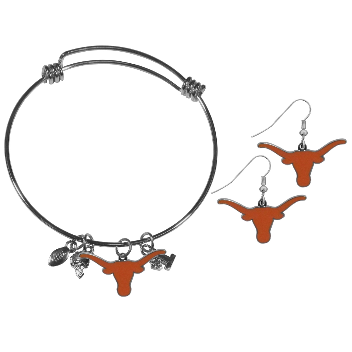 Siskiyou CDEN22CBB Female NCAA Texas Longhorns Dangle Earrings & Charm Bangle Bracelet Set - Set of 2