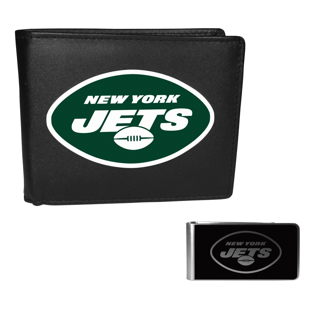 Siskiyou FBIL100BKM Male NFL New York Jets Bi-fold Wallet & Black Money Clip - One Size