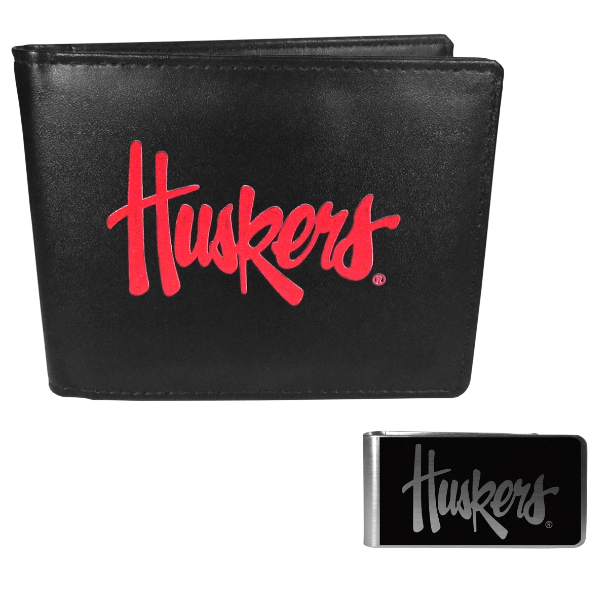 Siskiyou CLBF3BKM Male NCAA Nebraska Cornhuskers Leather Bi-fold Wallet & Black Money Clip - One Size