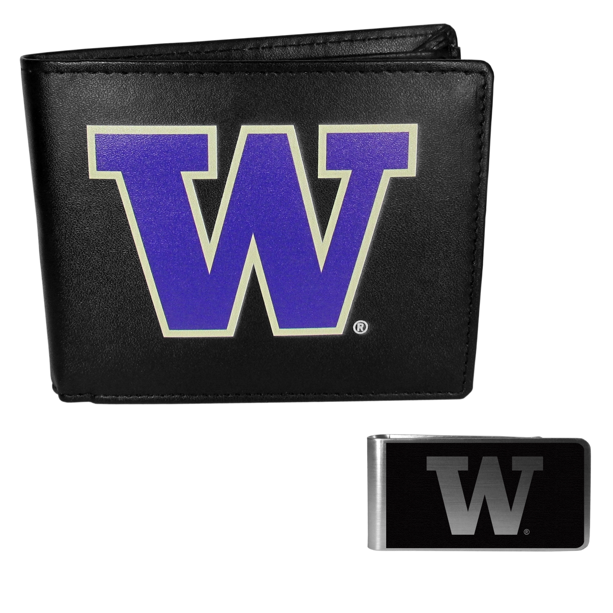 Siskiyou CLBF49BKM Male NCAA Washington Huskies Leather Bi-fold Wallet & Black Money Clip - One Size