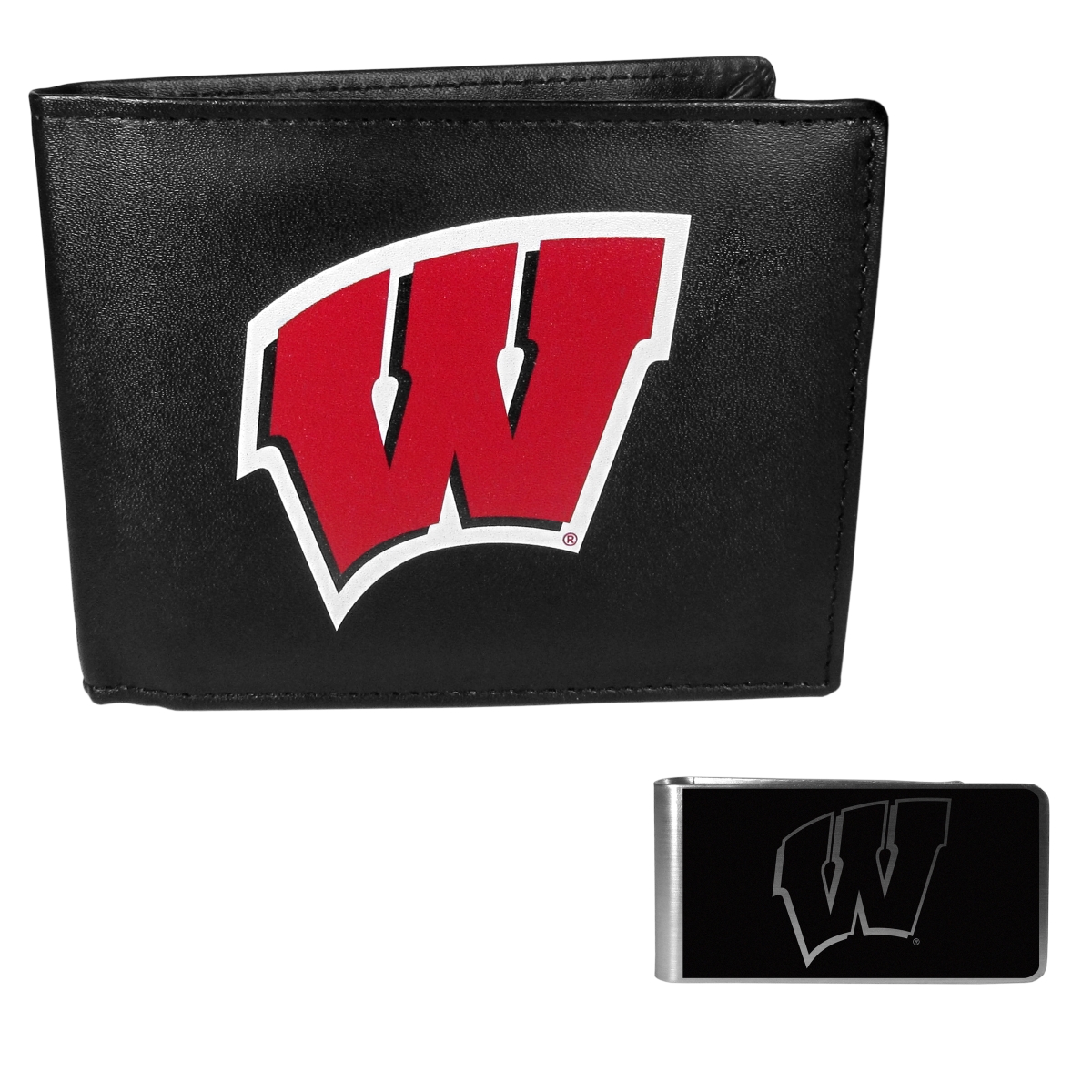 Siskiyou CLBF51BKM Male NCAA Wisconsin Badgers Leather Bi-fold Wallet & Black Money Clip - One Size