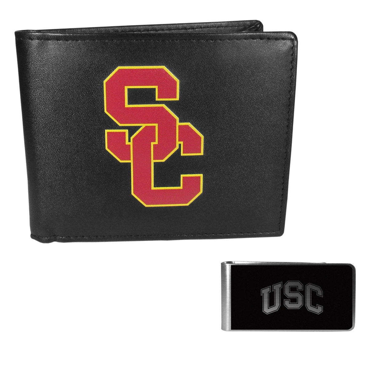 Siskiyou CLBF53BKM Male NCAA USC Trojans Leather Bi-fold Wallet & Black Money Clip - One Size