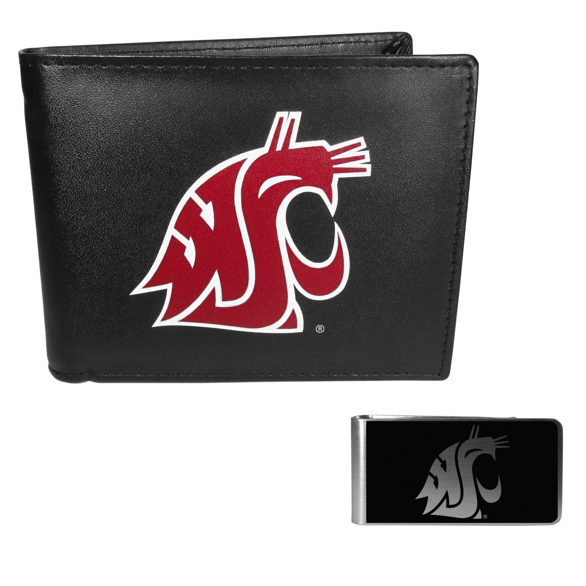 Siskiyou CLBF71BKM Male NCAA Washington State Cougars Leather Bi-fold Wallet & Black Money Clip - One Size