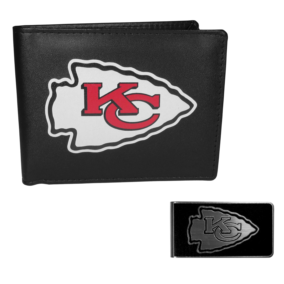 Siskiyou FLBF045BKM Male NFL Kansas City Chiefs Leather Bi-fold Wallet & Black Money Clip - One Size