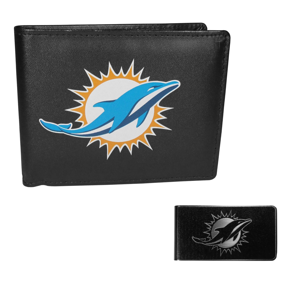 Siskiyou FLBF060BKM Unisex NFL Miami Dolphins Leather Bi-fold Wallet & Black Money Clip
