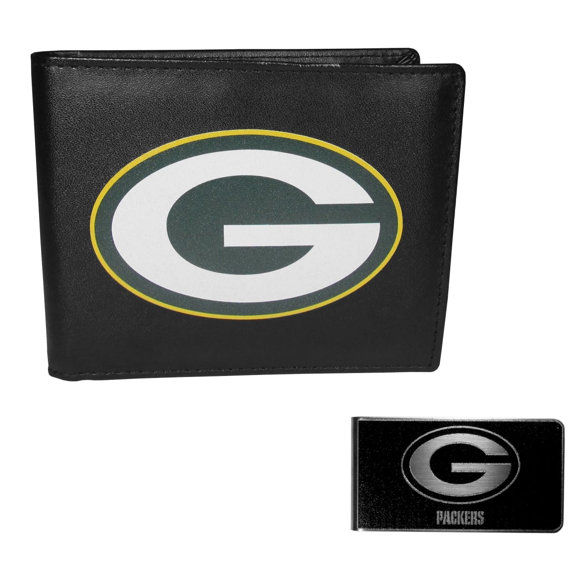 Siskiyou FLBF115BKM Male NFL Green Bay Packers Leather Bi-fold Wallet & Black Money Clip - One Size