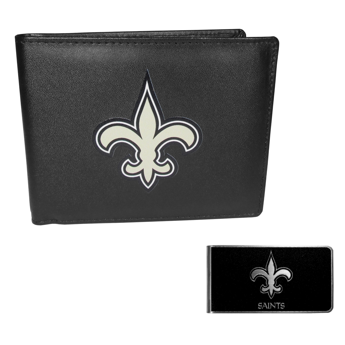 Siskiyou FLBF150BKM Male NFL New Orleans Saints Leather Bi-fold Wallet & Black Money Clip - One Size