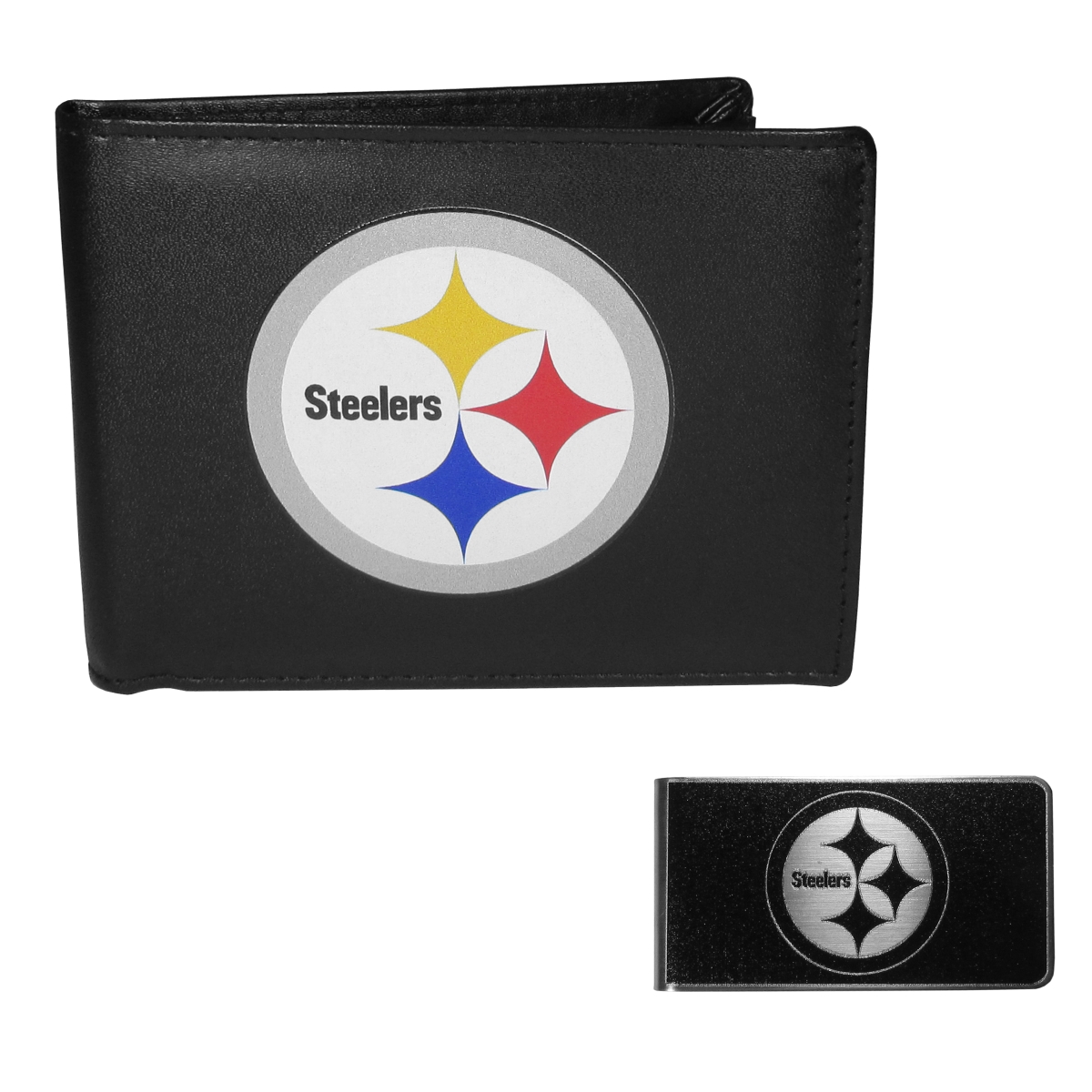 Siskiyou FLBF160BKM Male NFL Pittsburgh Steelers Leather Bi-fold Wallet & Black Money Clip - One Size
