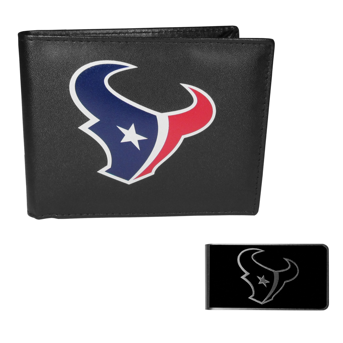 Siskiyou FLBF190BKM Male NFL Houston Texans Leather Bi-fold Wallet & Black Money Clip - One Size