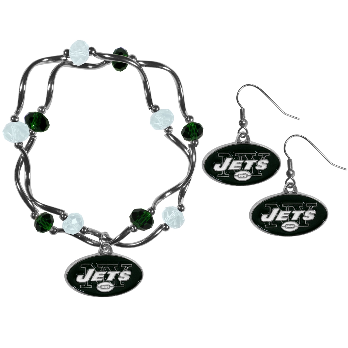 Siskiyou FDEN100CYB Female NFL New York Jets Dangle Earrings & Crystal Bead Bracelet Set - Set of 2