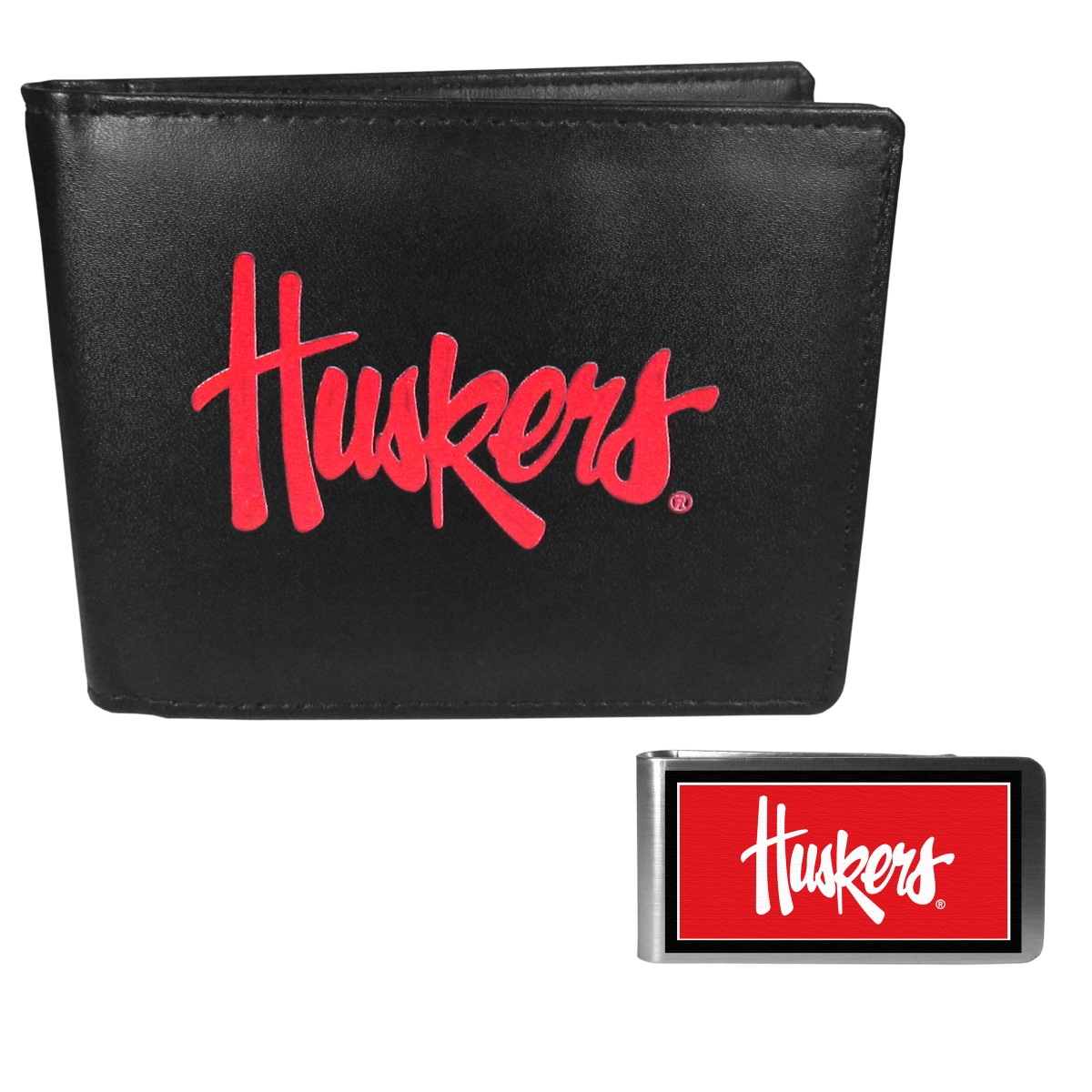 Siskiyou CLBF3LMP Male NCAA Nebraska Cornhuskers Leather Bi-fold Wallet & Color Money Clip - One Size