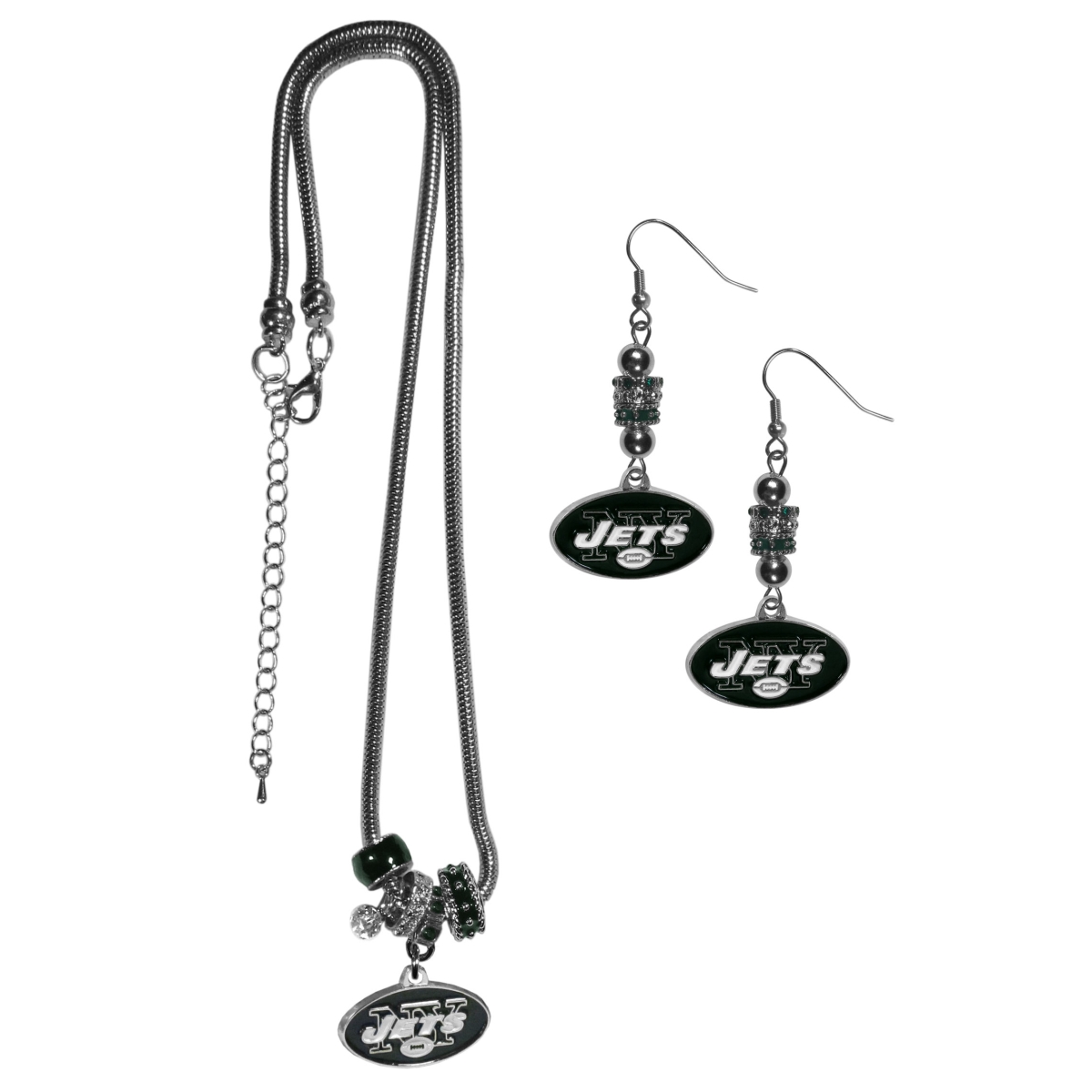 Siskiyou FEBE100BNK Female NFL New York Jets Euro Bead Earrings & Necklaces Set