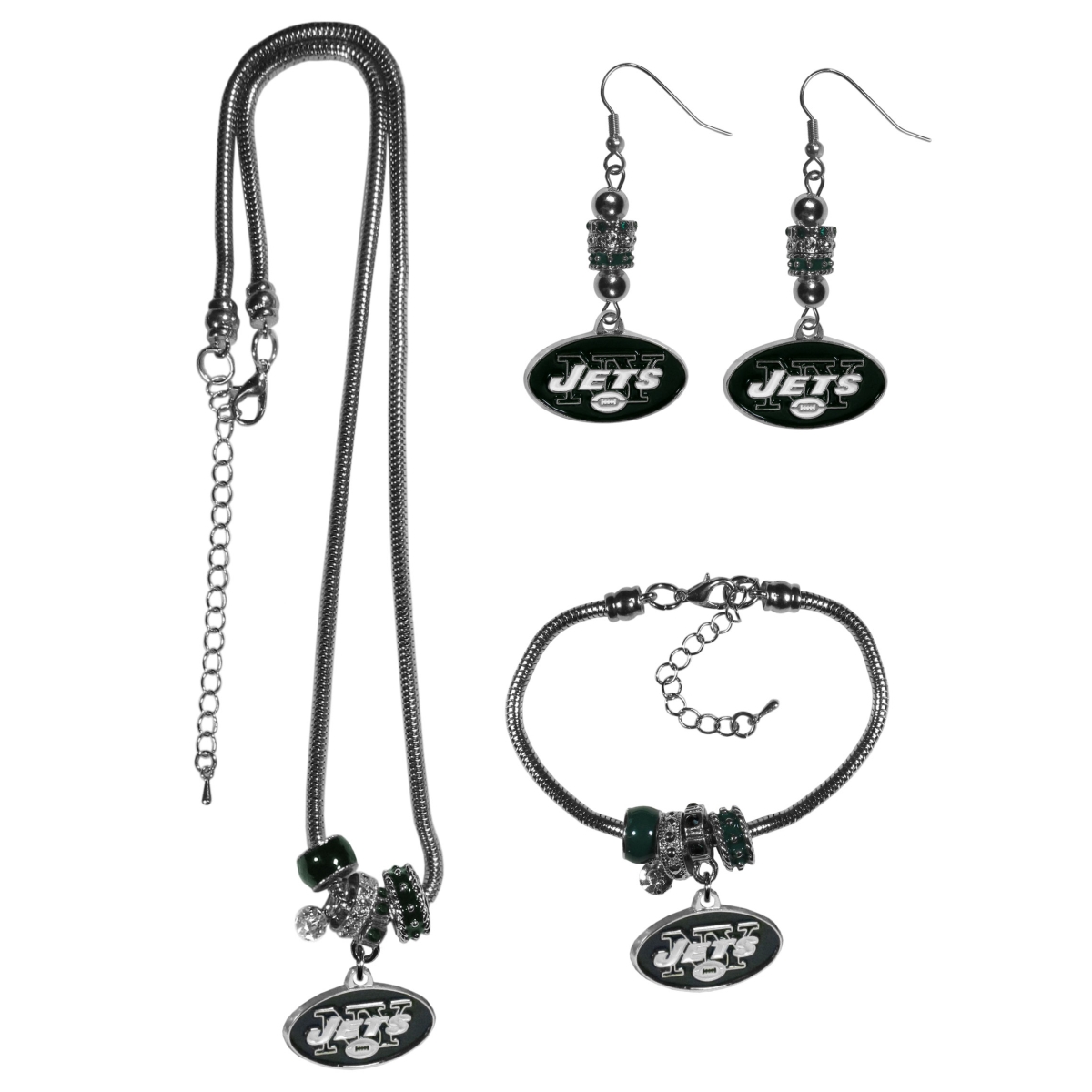Siskiyou F3EB100 Female NFL New York Jets Euro Bead Jewelry Set - 3 Piece
