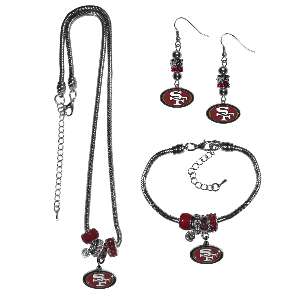 Siskiyou F3EB075 Female NFL San Francisco 49ers Euro Bead Jewelry Set - 3 Piece
