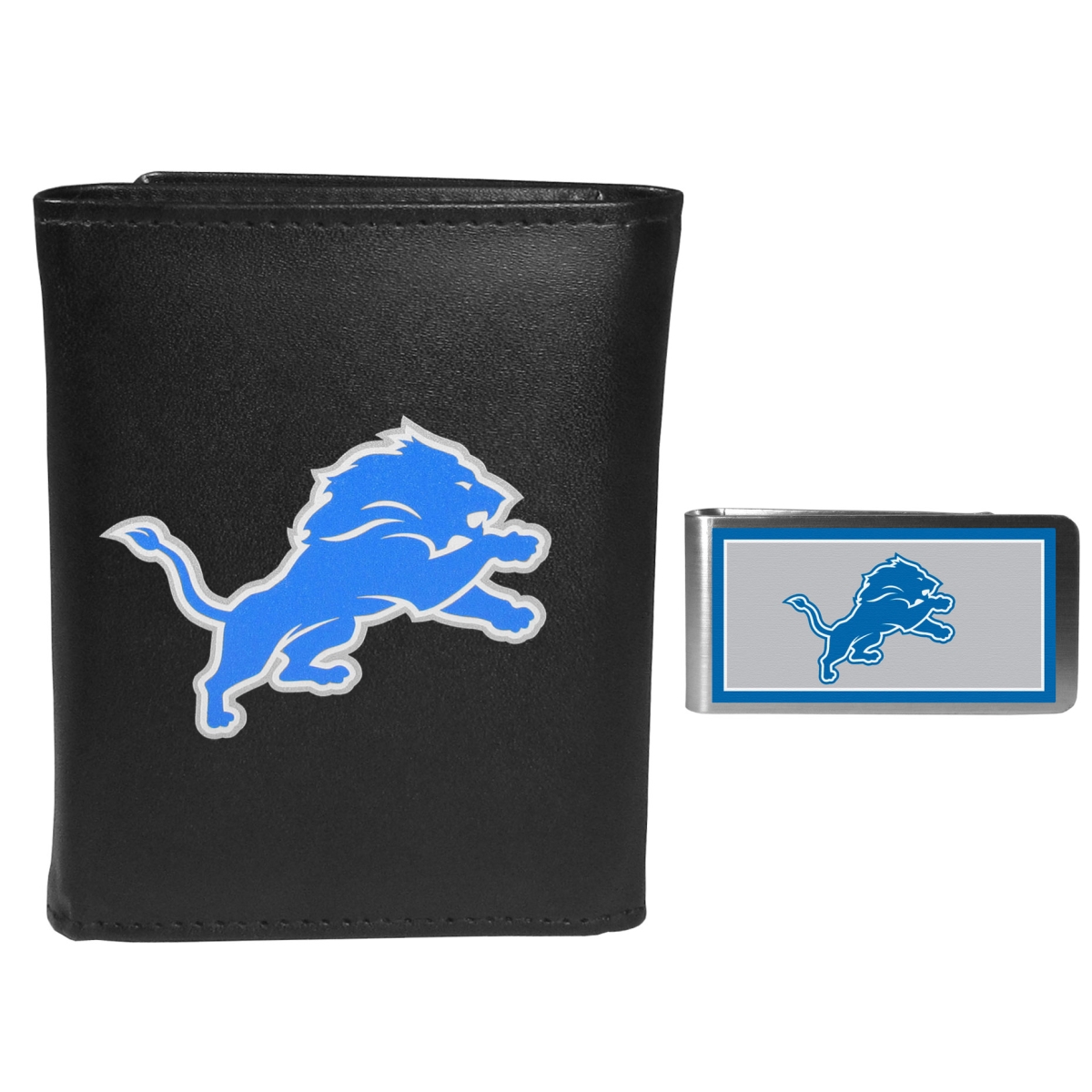 Detroit Lions Leather Wallet & Money Clip - Blue - Men's - Genuine Leather