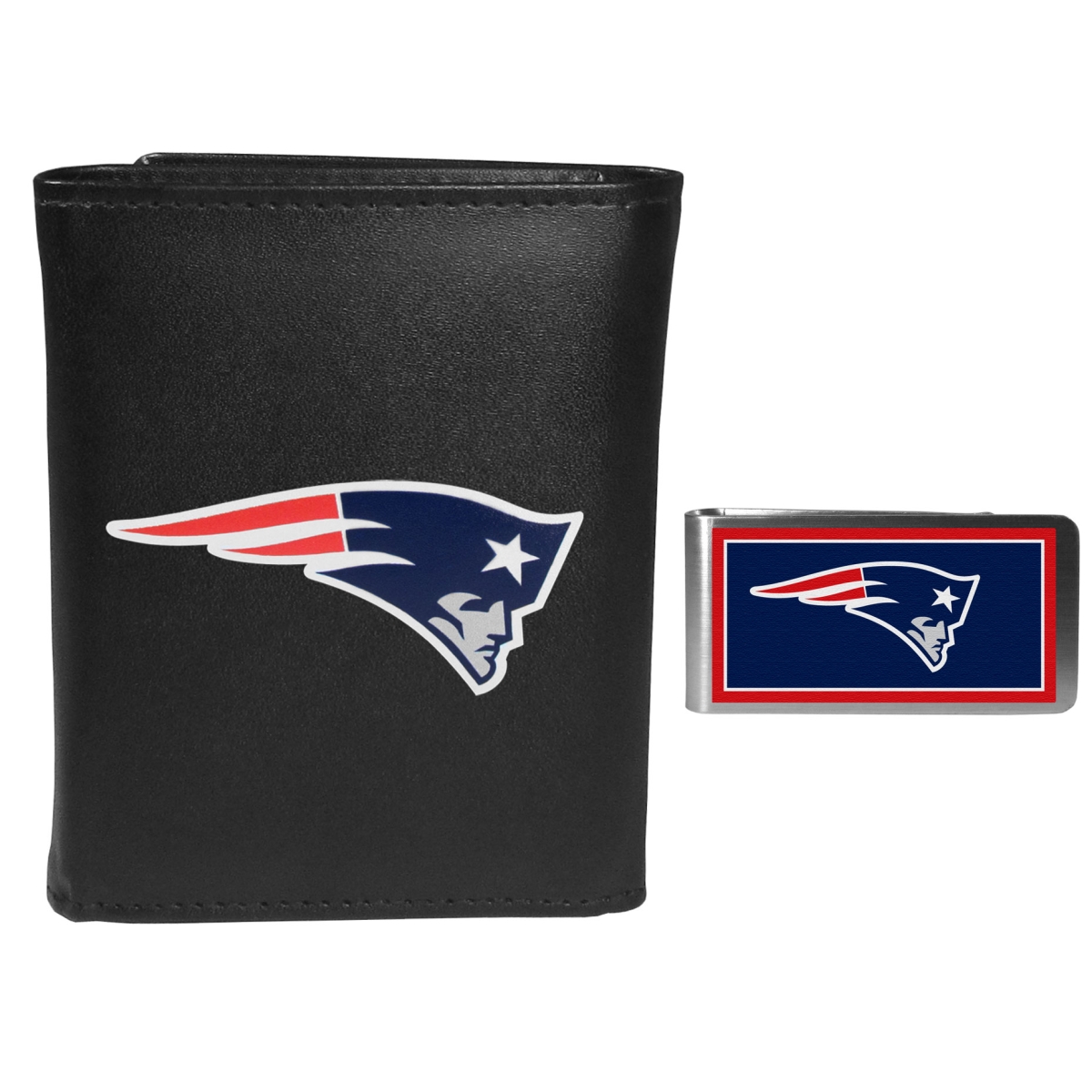 Siskiyou FLTR120LMP Male NFL New England Patriots Leather Tri-fold Wallet & Color Money Clip