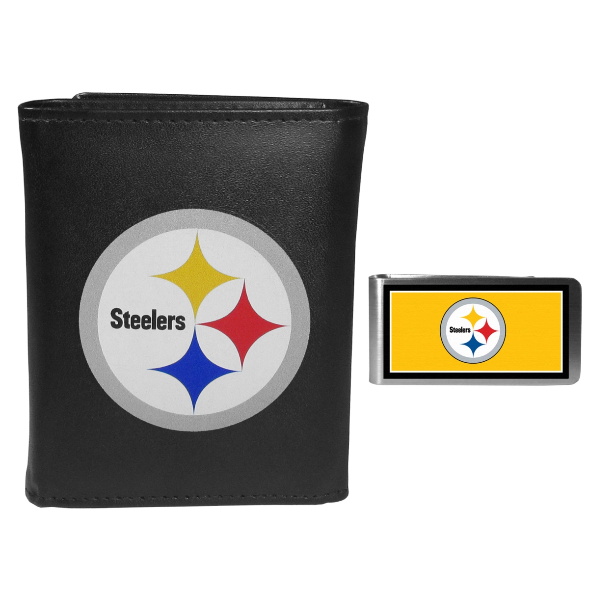 Siskiyou FLTR160LMP Male NFL Pittsburgh Steelers Leather Tri-fold Wallet & Color Money Clip