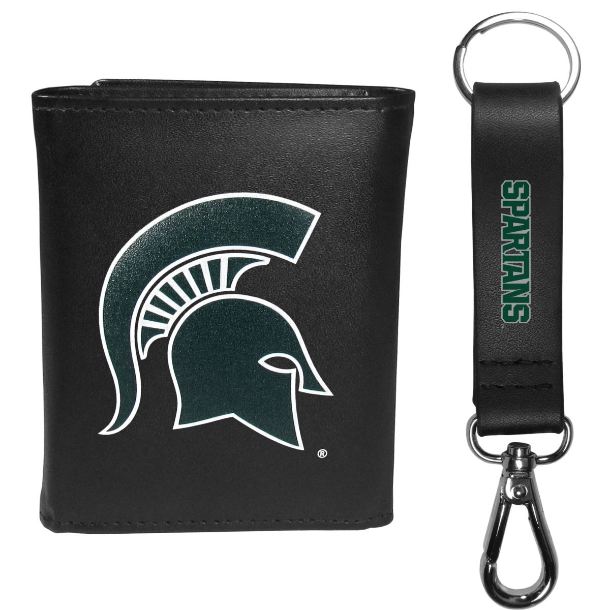 Siskiyou  Male NCAA Michigan State Spartans Leather Tri-fold Wallet & Strap Key Chain