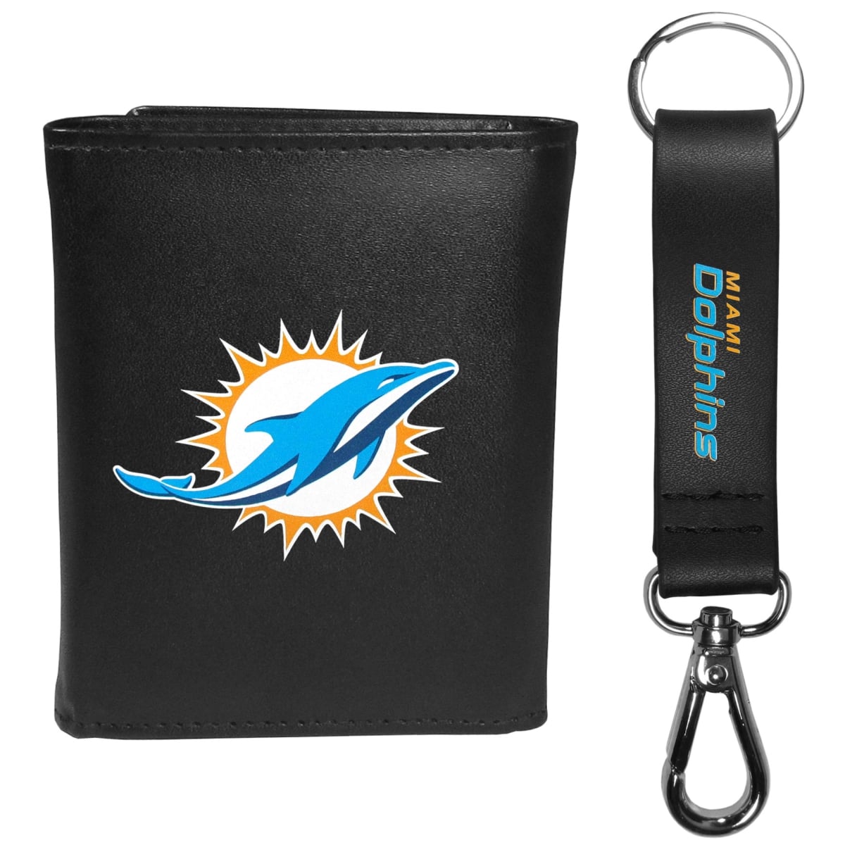 Siskiyou FLTR060KCS Male NFL Miami Dolphins Leather Tri-fold Wallet & Strap Key Chain
