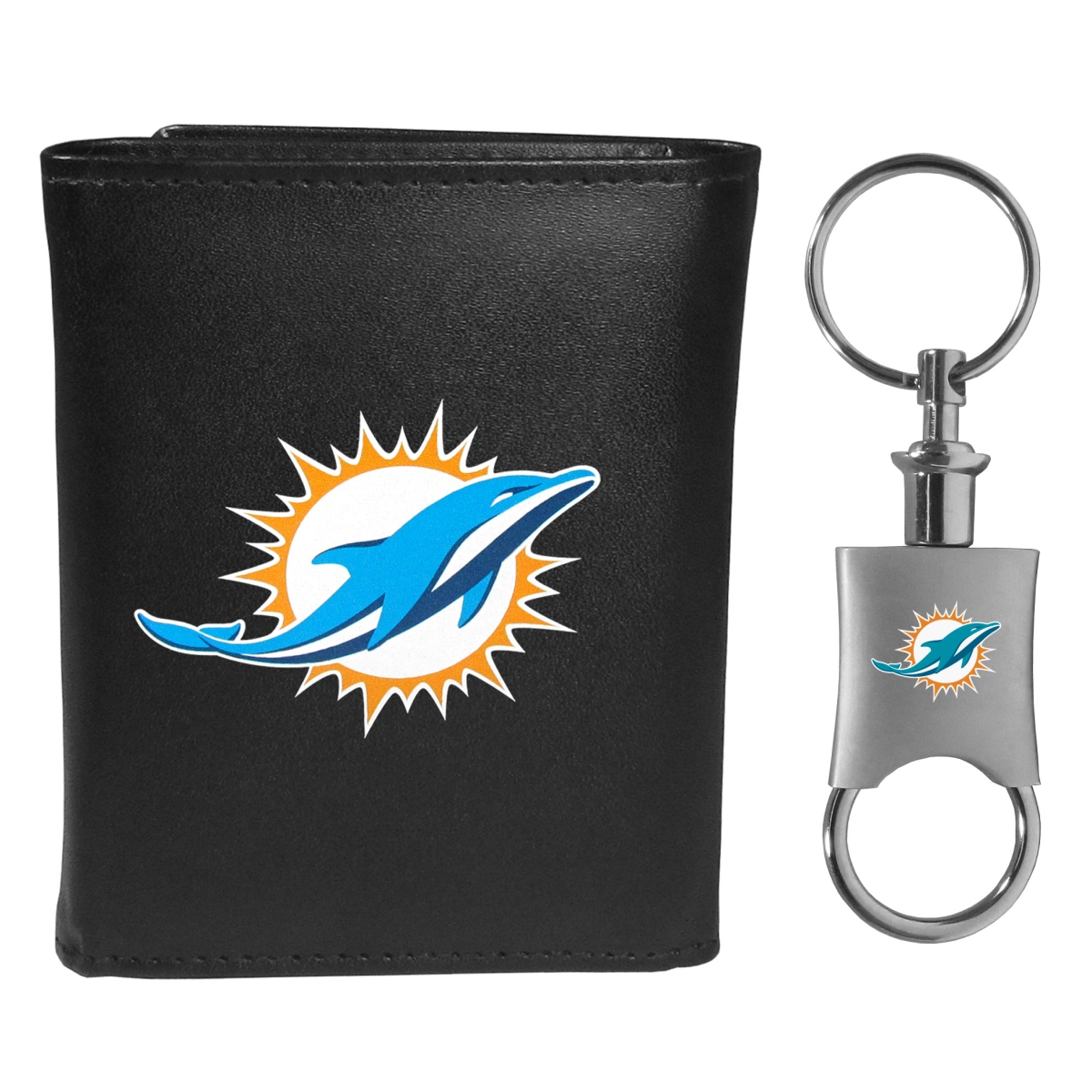 Miami Dolphins Leather Tri-fold Wallet & Key Chain Set - Black - Men's - NFL Licensed