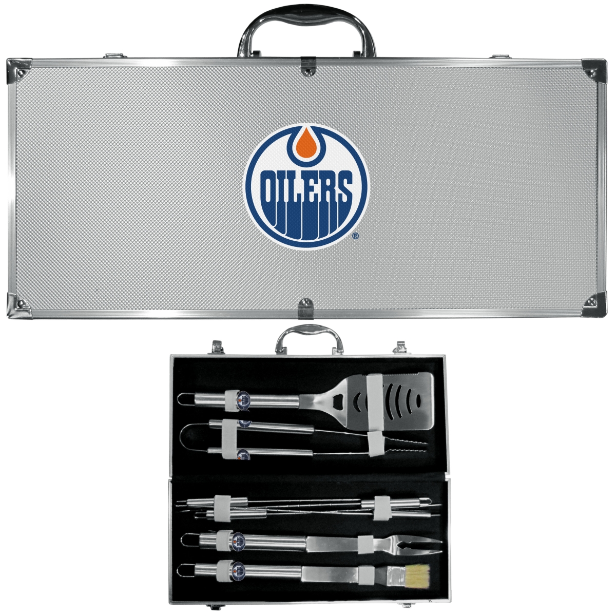 Picture of Siskiyou BBQH90B Unisex NHL Edmonton Oilers 8 Piece Stainless Steel BBQ Set with Metal Case