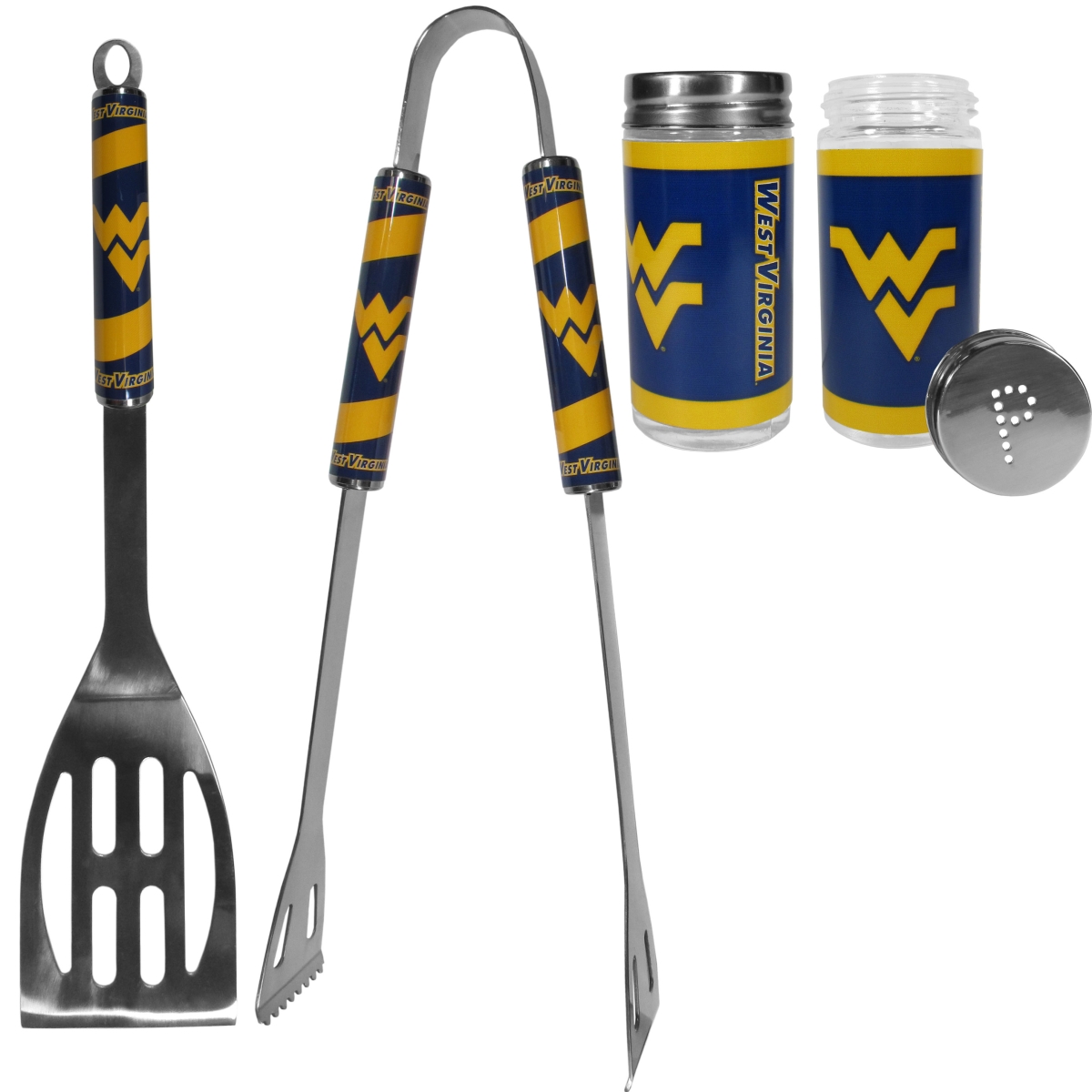 Picture of Siskiyou C2BQ60TSP Unisex NCAA West Virginia Mountaineers 2 Piece BBQ Set with Tailgate Salt & Pepper Shaker - One Size