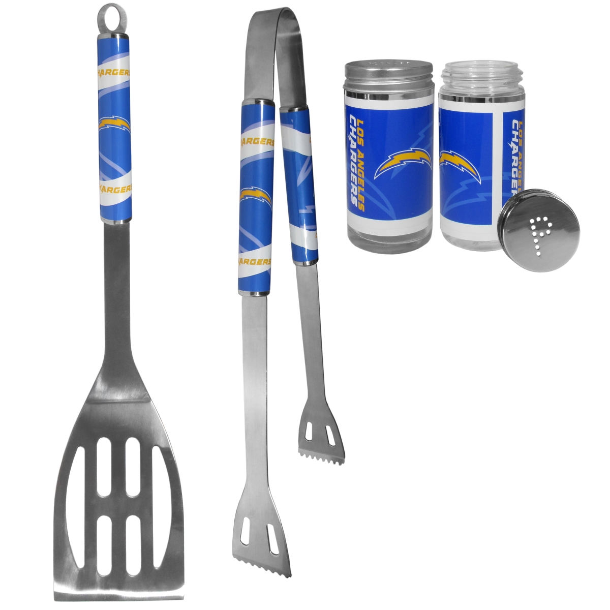 Picture of Siskiyou F2BQ040TSP Unisex NFL Los Angeles Chargers 2 Piece BBQ Set with Tailgate Salt & Pepper Shaker - One Size