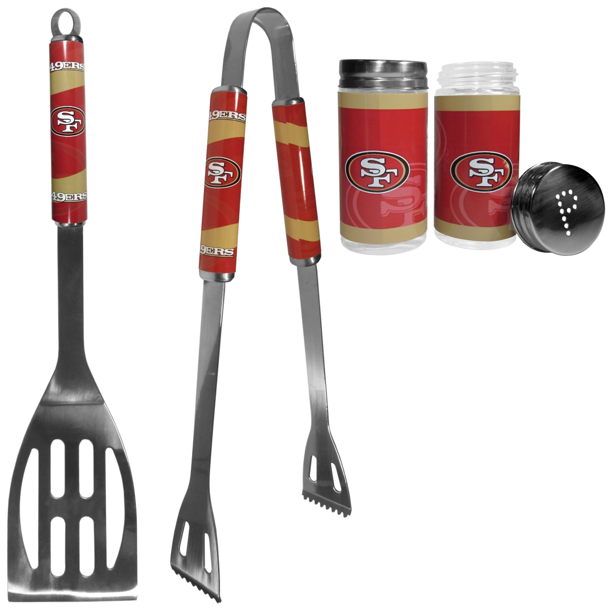 Picture of Siskiyou F2BQ075TSP Unisex NFL San Francisco 49ers 2 Piece BBQ Set with Tailgate Salt & Pepper Shaker - One Size
