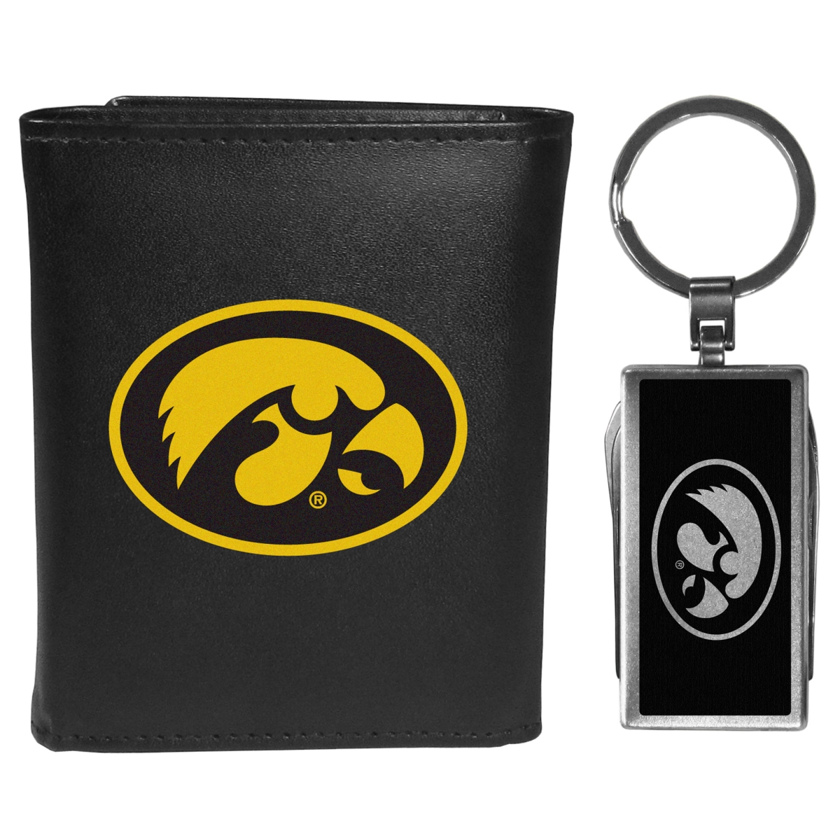 Siskiyou CTRL52MTB Male NCAA Iowa Hawkeyes Tri-fold Wallet & Multi-tool Key Chain, Black