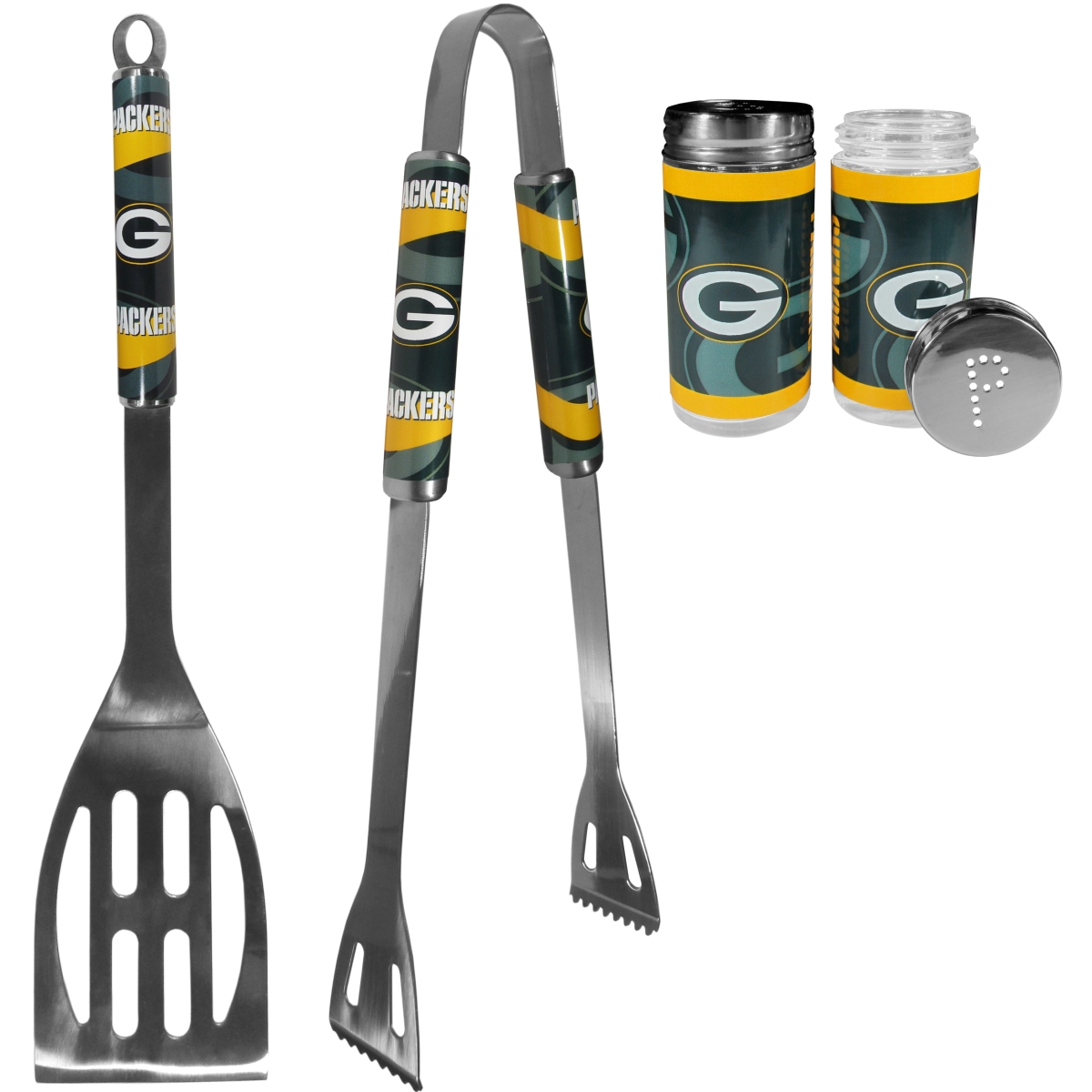 Picture of Siskiyou F2BQ115TSP Unisex NFL Green Bay Packers 2 Piece BBQ Set with Tailgate Salt & Pepper Shaker - One Size