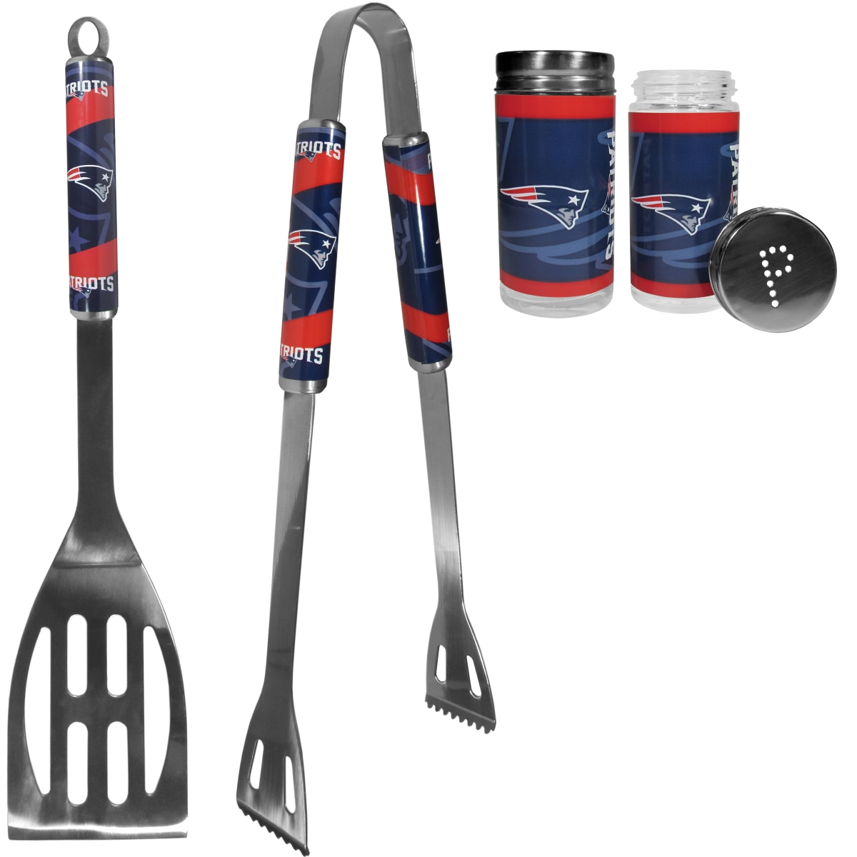 Picture of Siskiyou F2BQ120TSP Unisex NFL New England Patriots 2 Piece BBQ Set with Tailgate Salt & Pepper Shaker - One Size
