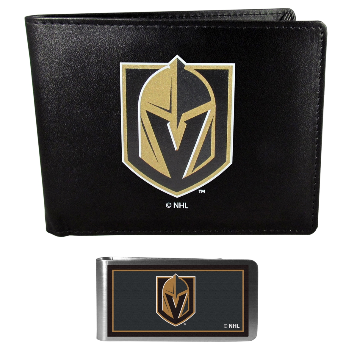 Siskiyou HLBF165LMP Male NHL Vegas Golden Knights Leather Bi-fold Wallet & Color Money Clip, Black