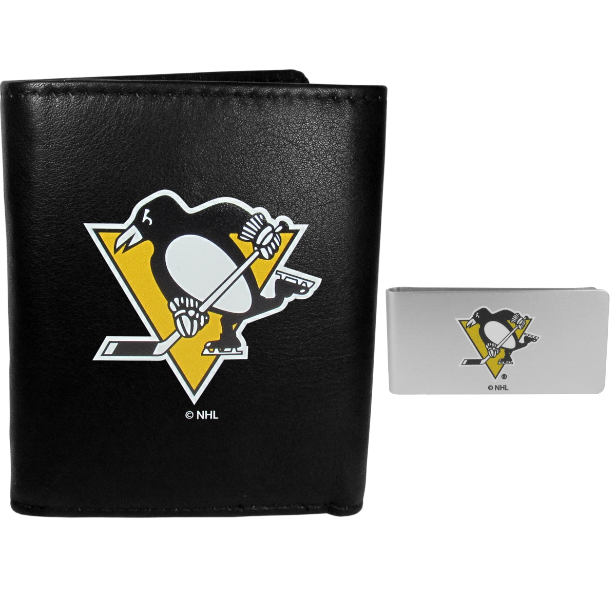 Siskiyou HLTR100BMP Male NHL Pittsburgh Penguins Fine Grain Leather Tri-fold Wallet & Money Clip, Black