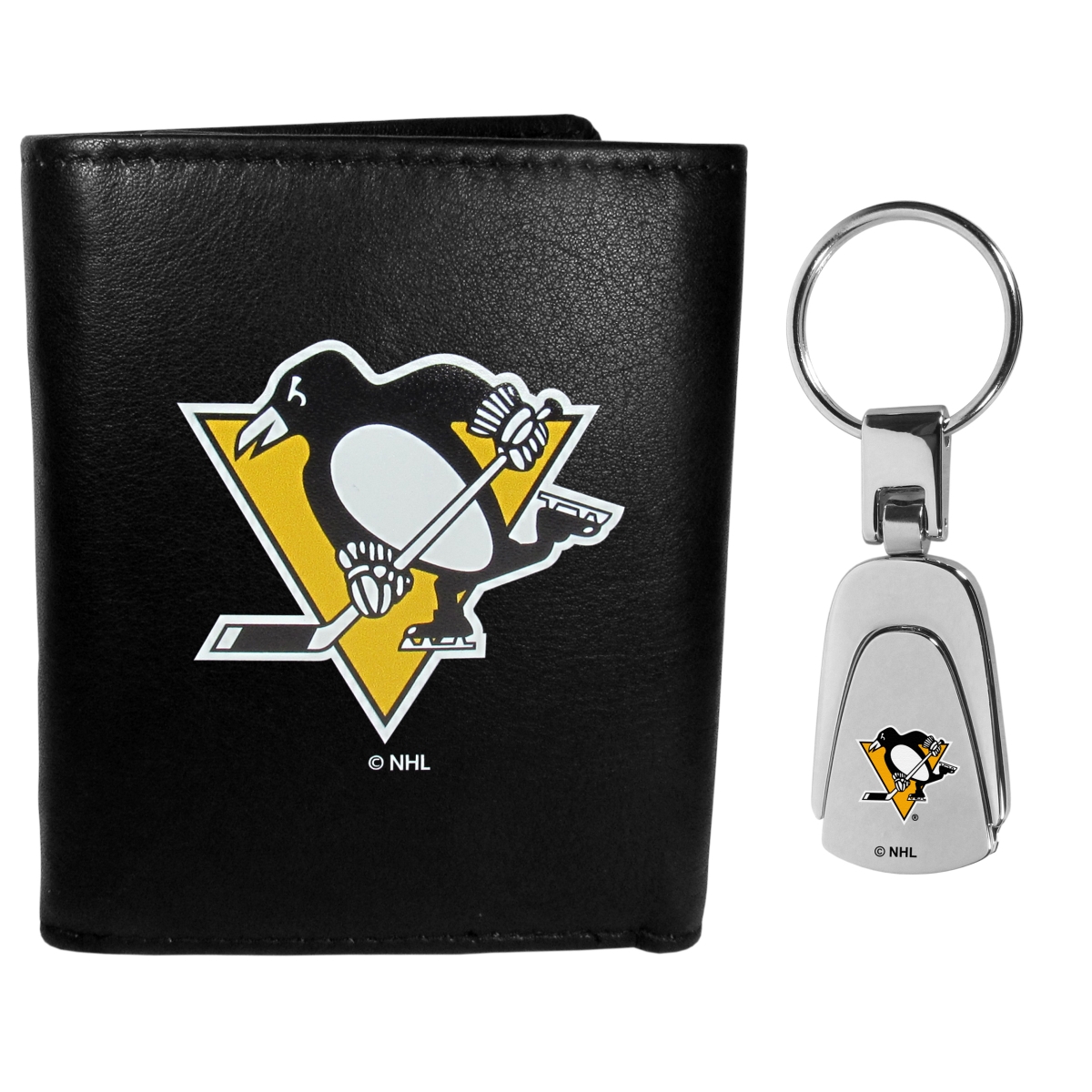 Siskiyou HTRL100KP NHL Pittsburgh Penguins Fine Grain Leather Tri-fold Wallet & Steel Key Chain
