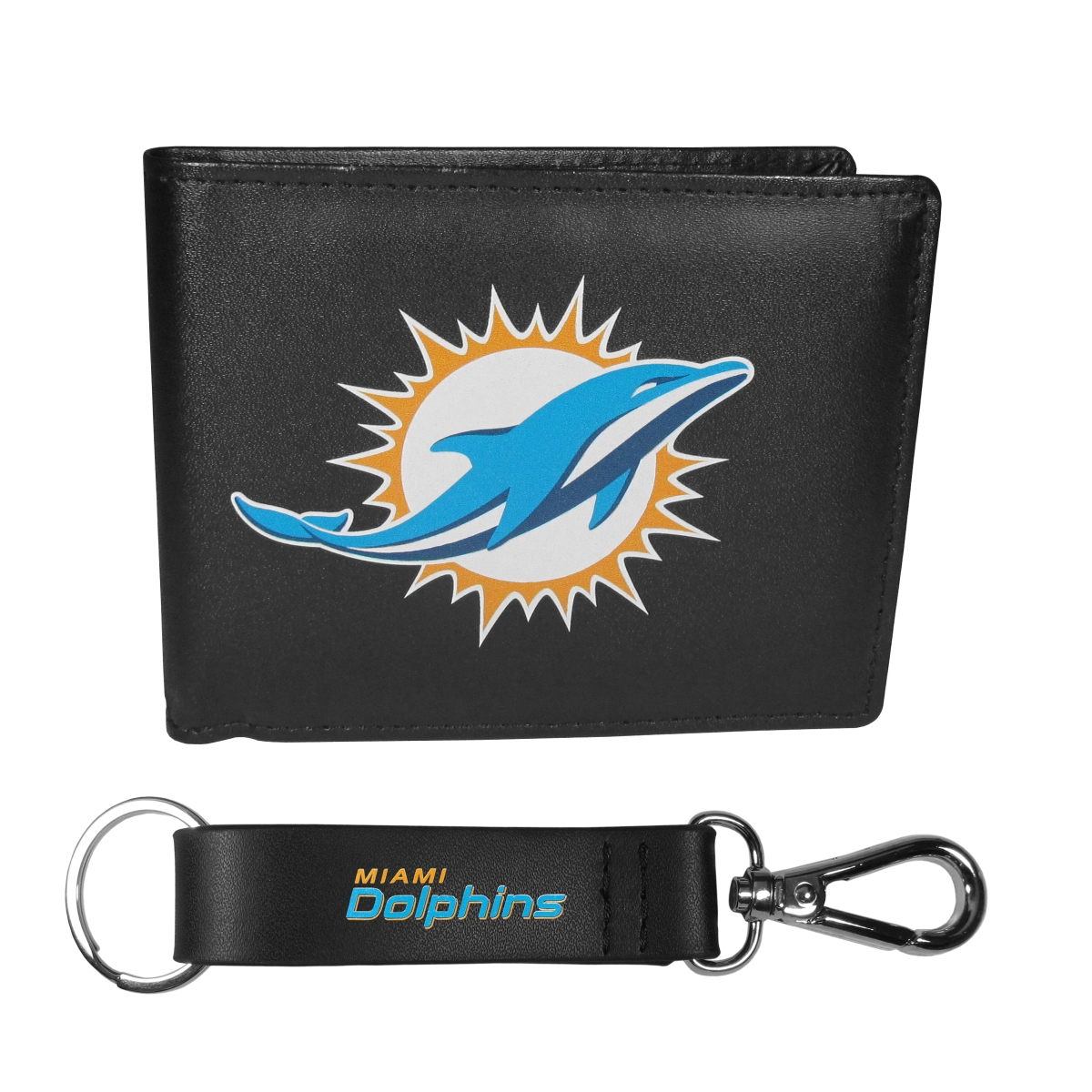 Siskiyou Sports FLBF060KCS Miami Dolphins Leather Bi-Fold Wallet & Strap Key Chain - One Size